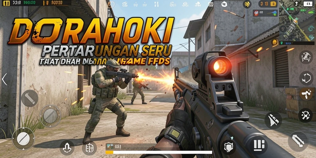 Tampilan aksi dari game FPS DORAHOKI yang menegangkan.