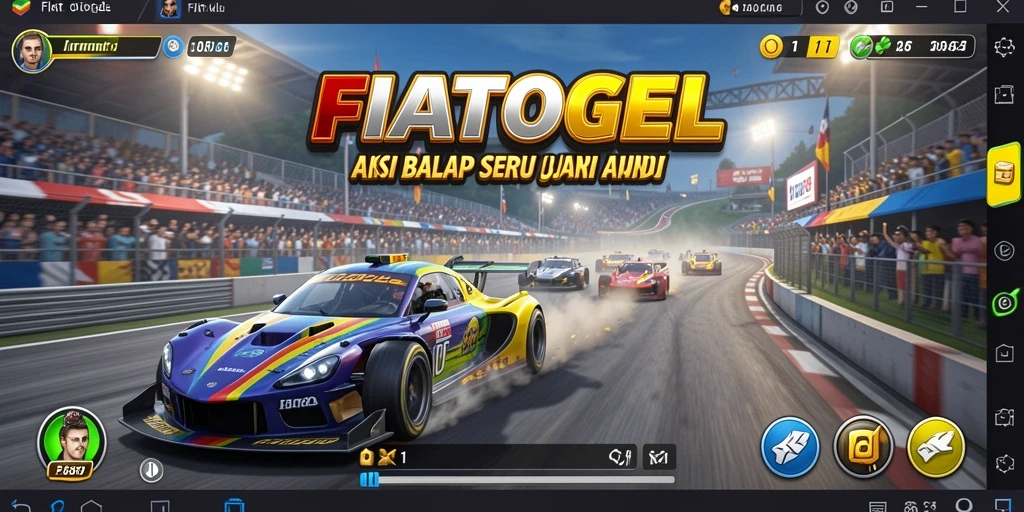 Screenshot gameplay FIATOGEL menampilkan balapan mendebarkan dengan mobil warna-warni.