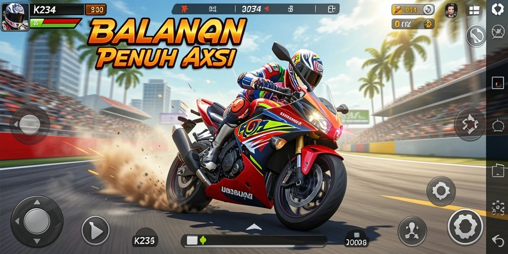 Tampilan gameplay K234 menampilkan balapan motor penuh aksi dan grafis berkualitas tinggi.