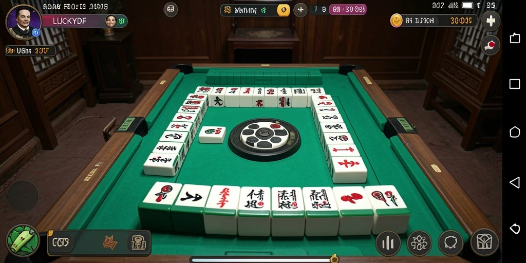 Tampilan gameplay seru dalam LUCKYDF dengan desain Mahjong menarik.