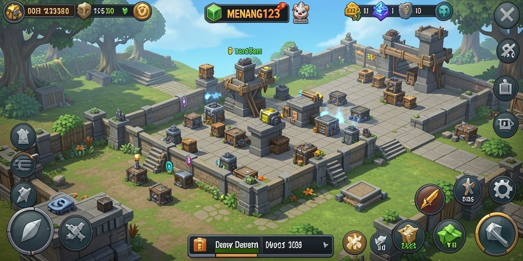 Tampilan gameplay MENANG123 yang menegangkan dengan menara berstrategi.