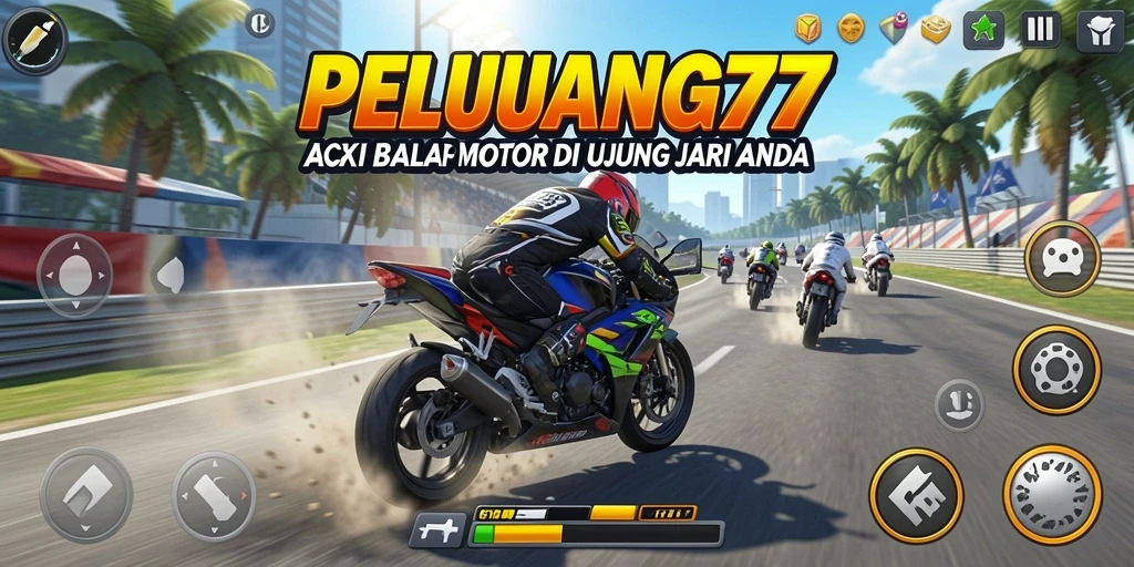 Screenshot PELUANG77 menampilkan aksi balapan yang mendebarkan dan motor yang cepat.