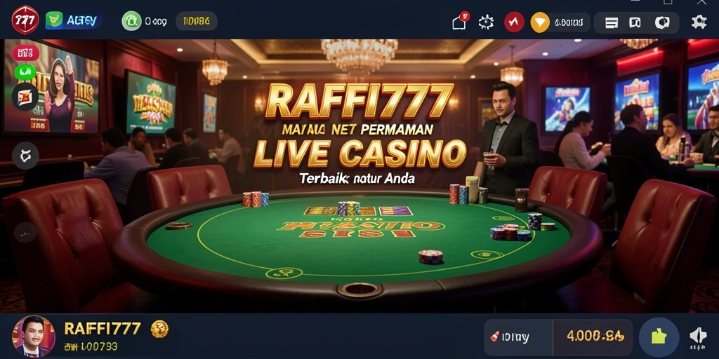 Screenshot gameplay RAFFI777 menampilkan dealer hidup dan meja permainan.