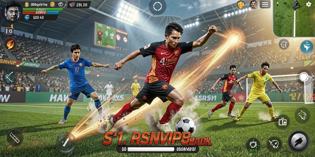 Screenshot gameplay RSNVIP8 yang menunjukkan aksi sepak bola yang intens.