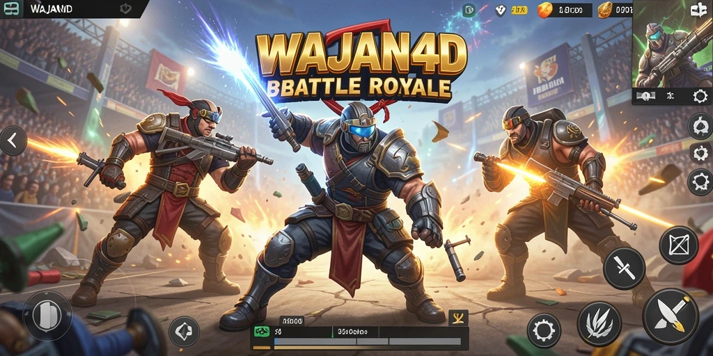 Screenshot gameplay WAJAN4D menampilkan pertempuran Battle Royale yang mendebarkan.